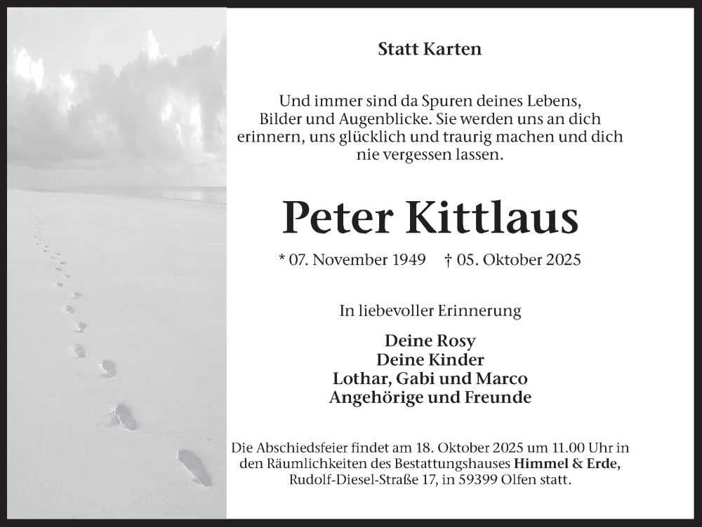  Traueranzeige für Peter Kittlaus vom 11.10.2025 aus Ruhr Nachrichten