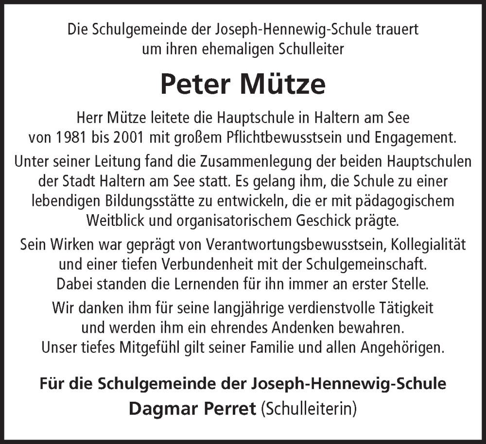  Traueranzeige für Peter Mütze vom 14.10.2025 aus Ruhr Nachrichten und Halterner Zeitung