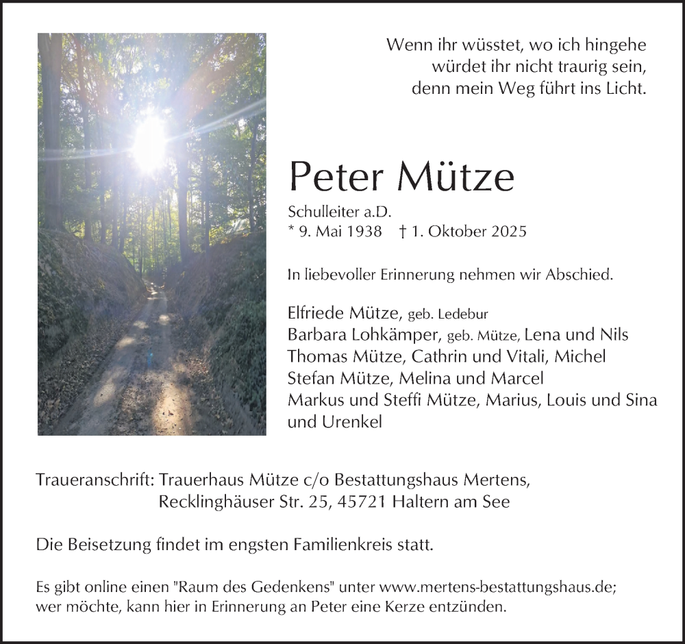  Traueranzeige für Peter Mütze vom 11.10.2025 aus Ruhr Nachrichten und Halterner Zeitung