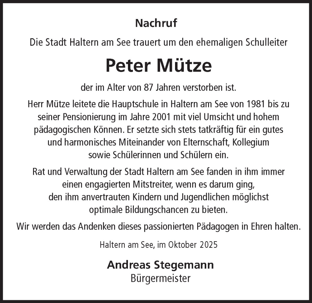 Traueranzeige für Peter Mütze vom 14.10.2025 aus Ruhr Nachrichten und Halterner Zeitung