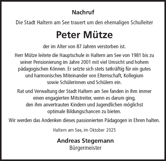 Traueranzeige von Peter Mütze von Ruhr Nachrichten und Halterner Zeitung