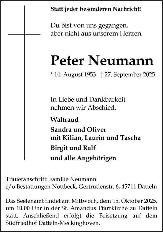 Traueranzeige von Peter Neumann von Trauer Vest