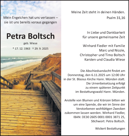 Traueranzeige von Petra Boltsch von Stadtanzeiger Castrop-Rauxel