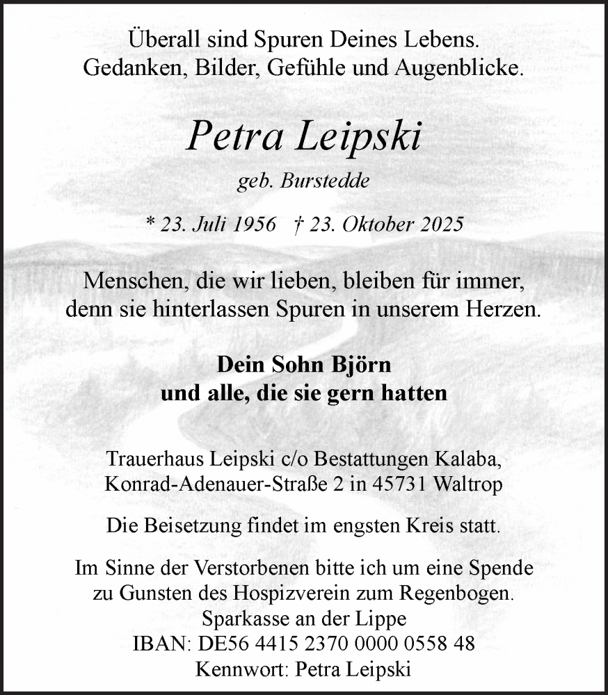  Traueranzeige für Petra Leipski vom 01.11.2025 aus Trauer Vest