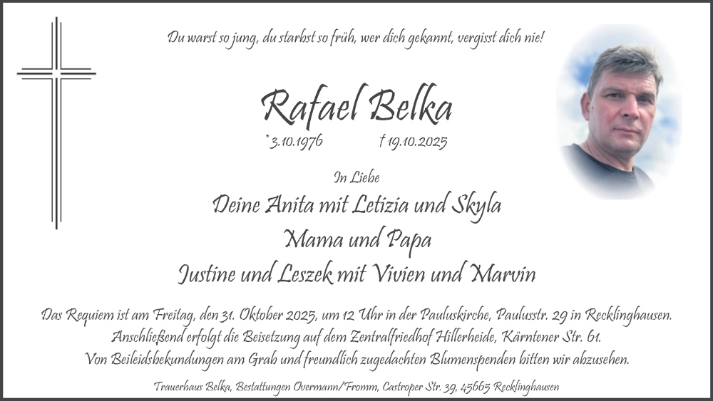  Traueranzeige für Rafael Belka vom 25.10.2025 aus Trauer Vest
