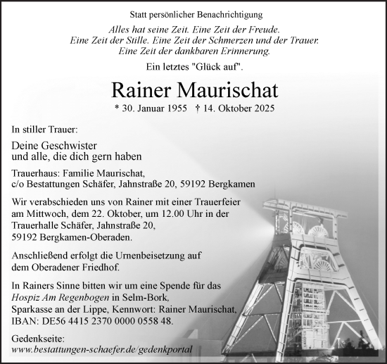 Traueranzeige von Rainer Maurischat von Hellweger Anzeiger