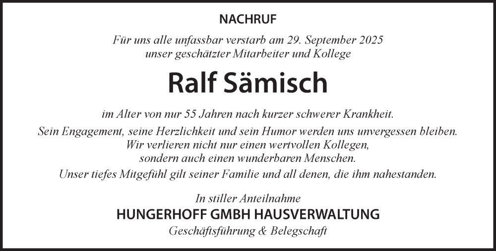  Traueranzeige für Ralf Sämisch vom 04.10.2025 aus 