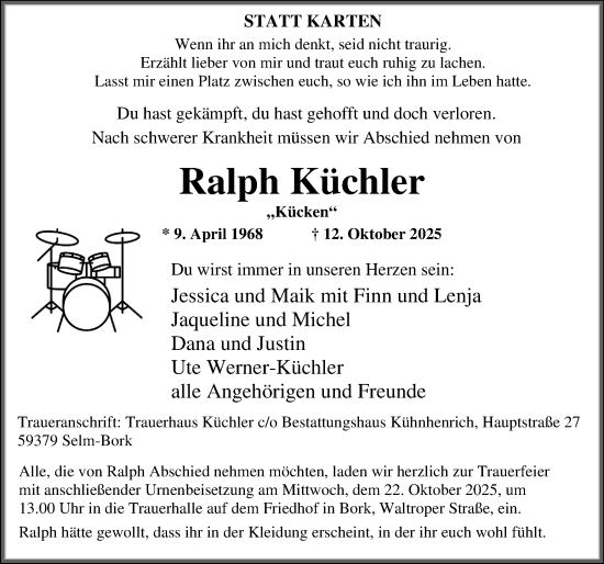 Traueranzeige von Ralph Küchler von Ruhr Nachrichten