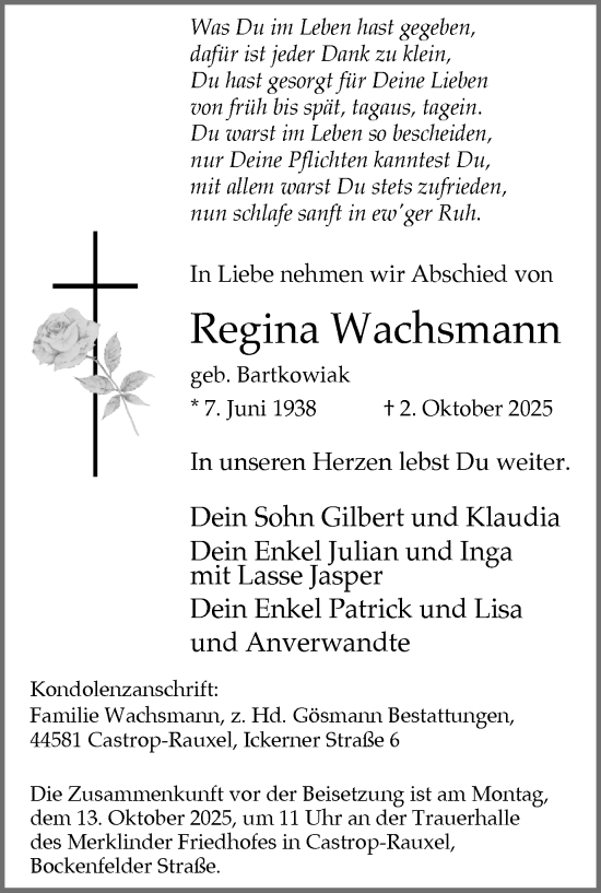 Traueranzeige von Regina Wachsmann von Stadtanzeiger Castrop-Rauxel