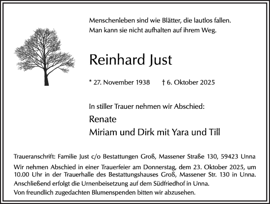 Traueranzeige von Reinhard Just von Hellweger Anzeiger