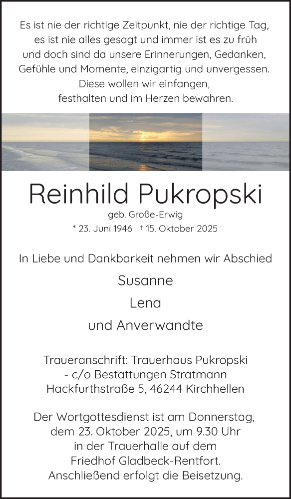  Traueranzeige für Reinhild Pukropski vom 18.10.2025 aus Ruhr Nachrichten und Dorstener Zeitung