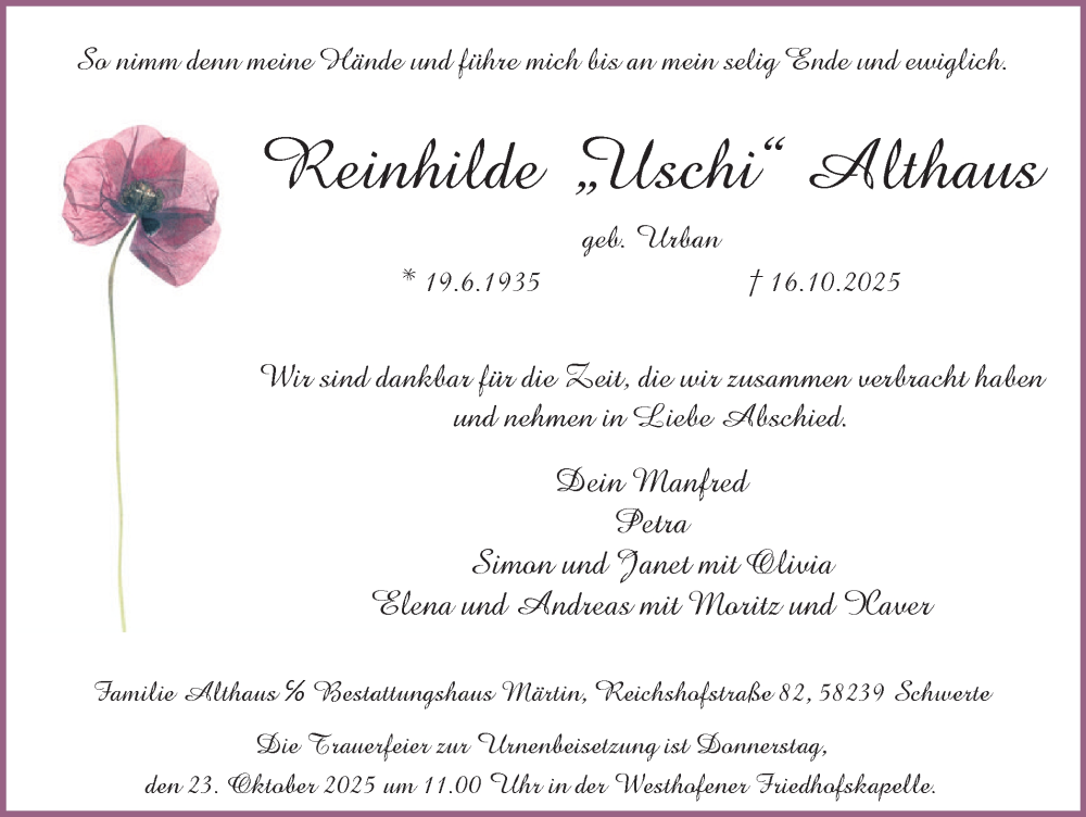 Traueranzeige für Reinhilde Althaus vom 18.10.2025 aus Ruhr Nachrichten