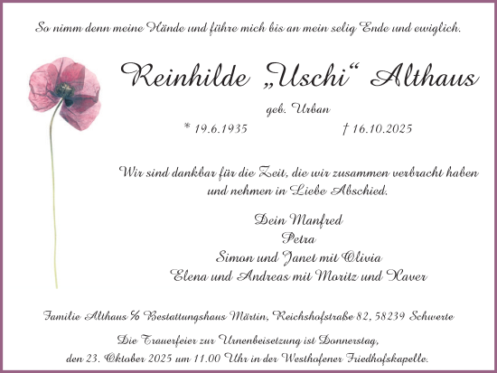 Traueranzeige von Reinhilde Althaus von Ruhr Nachrichten
