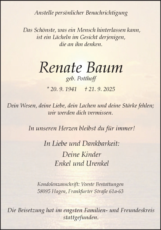 Traueranzeige von Renate Baum von Ruhr Nachrichten