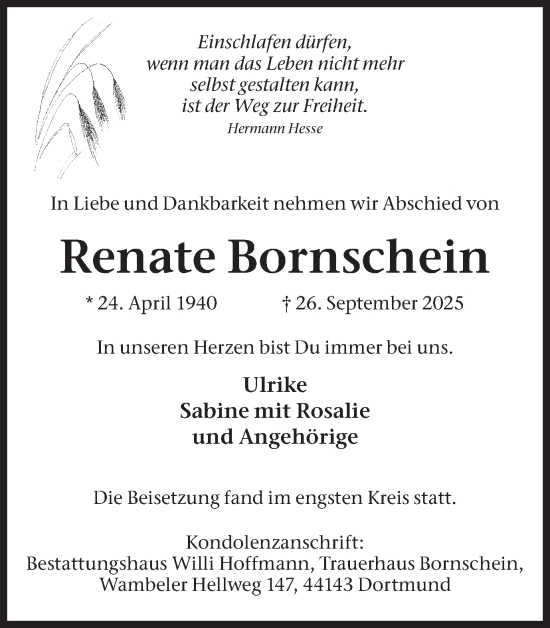 Traueranzeige von Renate Bornschein von Ruhr Nachrichten
