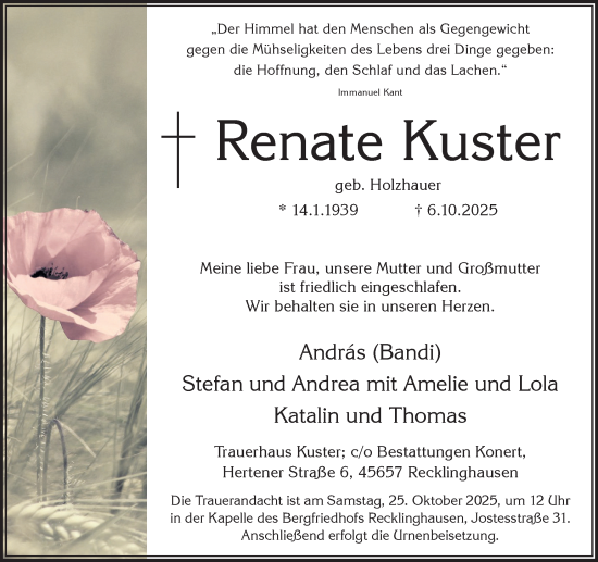 Traueranzeige von Renate Kuster von Trauer Vest