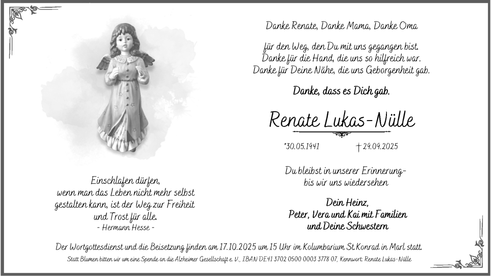  Traueranzeige für Renate Lukas-Nülle vom 11.10.2025 aus Trauer Vest
