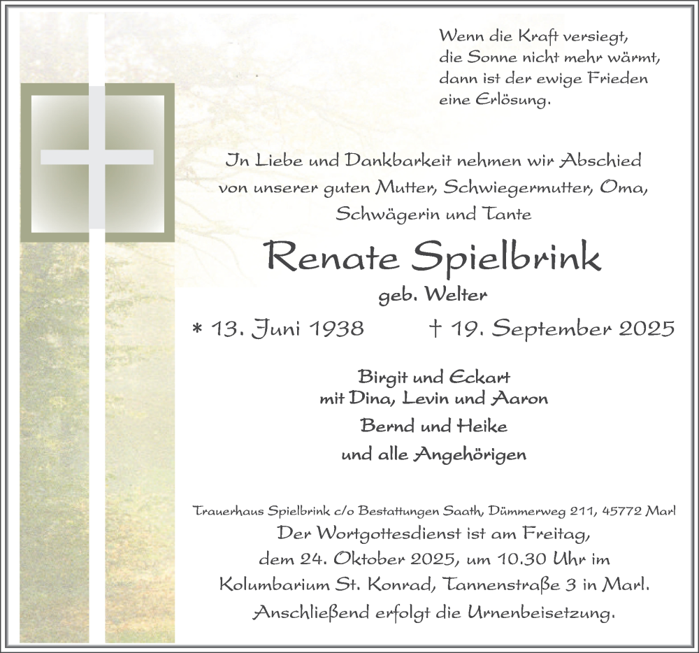  Traueranzeige für Renate Spielbrink vom 18.10.2025 aus Trauer Vest