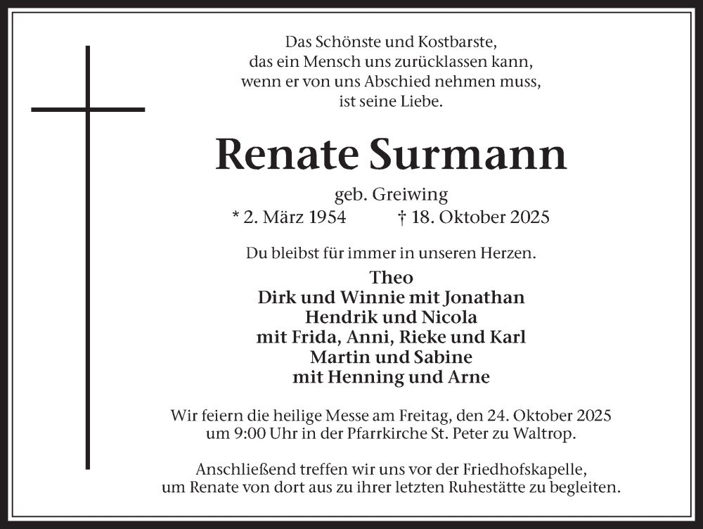  Traueranzeige für Renate Surmann vom 22.10.2025 aus Trauer Vest