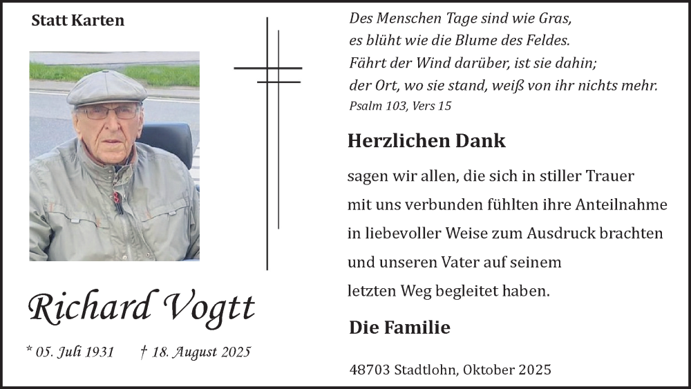  Traueranzeige für Richard Vogtt vom 04.10.2025 aus Münsterland Zeitung