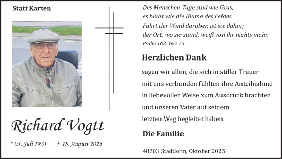 Traueranzeige von Richard Vogtt von Münsterland Zeitung