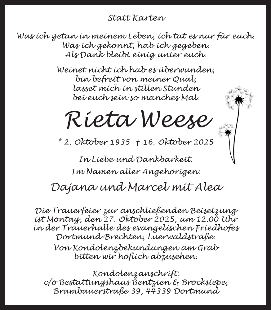  Traueranzeige für Rieta Weese vom 25.10.2025 aus Ruhr Nachrichten