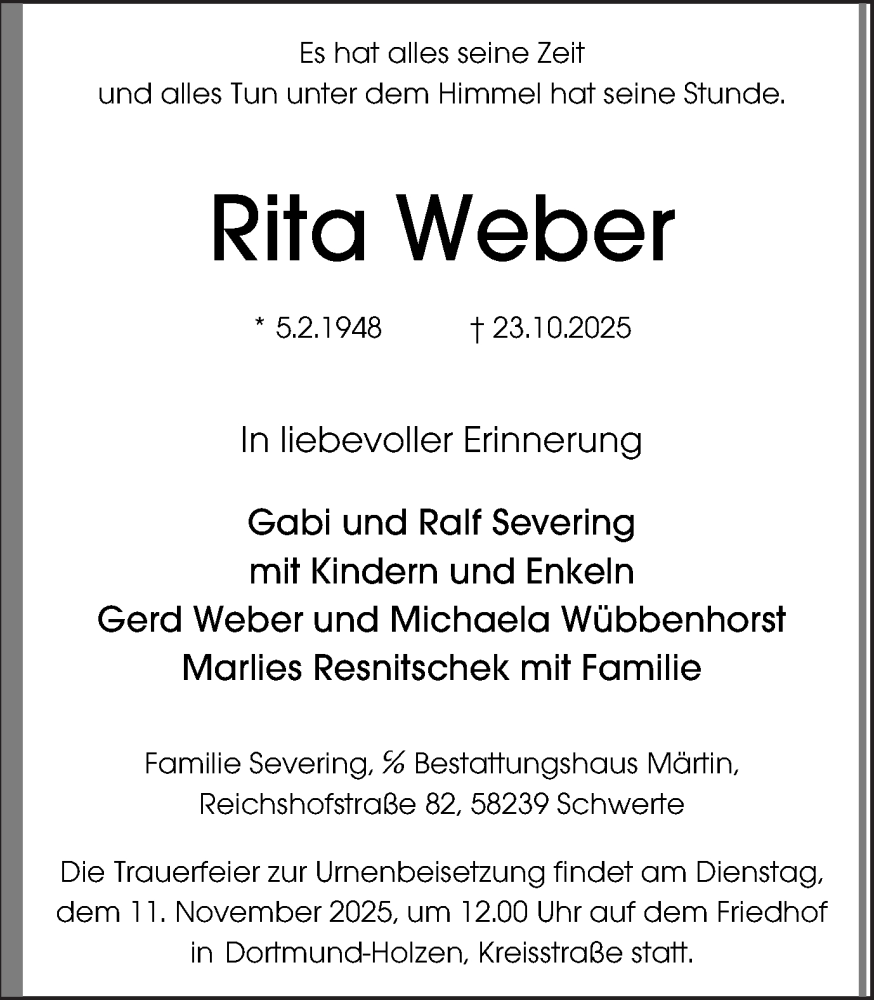  Traueranzeige für Rita Weber vom 01.11.2025 aus Ruhr Nachrichten