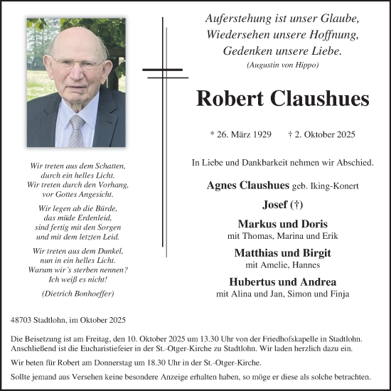 Traueranzeige von Robert Claushues von Münsterland Zeitung