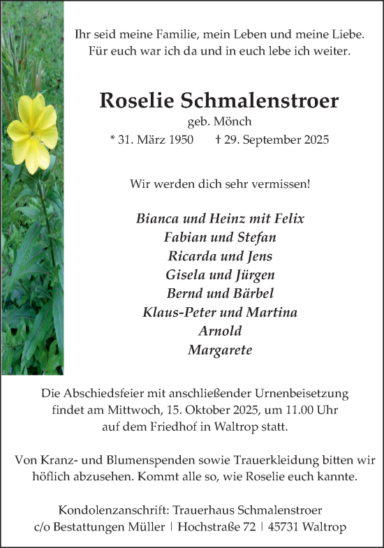 Traueranzeige von Roselie Schmalenstroer von Trauer Vest