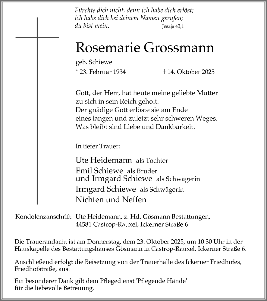  Traueranzeige für Rosemarie Grossmann vom 18.10.2025 aus Stadtanzeiger Castrop-Rauxel
