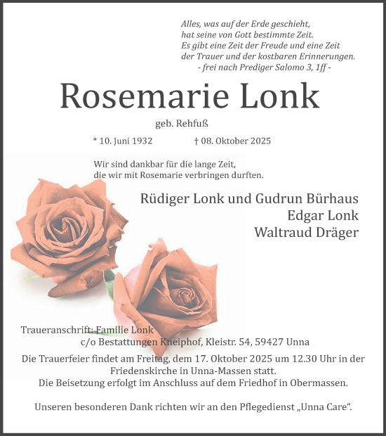 Traueranzeige von Rosemarie Lonk von Hellweger Anzeiger