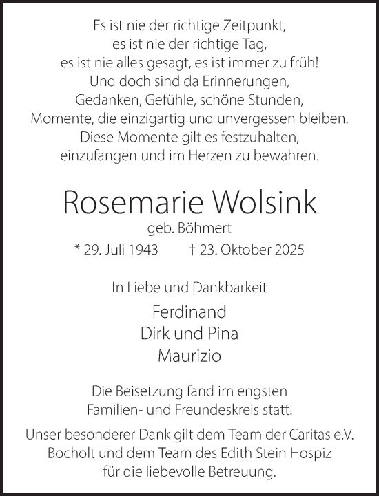 Traueranzeige von Rosemarie Wolsink 