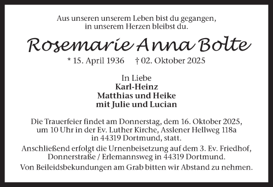 Traueranzeige von Rosemarie Anna Bolte von Ruhr Nachrichten