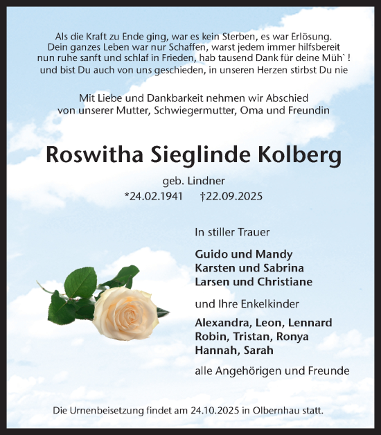 Traueranzeige von Roswitha Sieglinde Kolberg von Ruhr Nachrichten