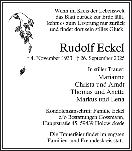 Traueranzeige von Rudolf Eckel von Hellweger Anzeiger