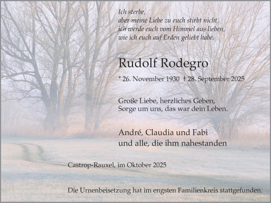 Traueranzeige von Rudolf Rodegro von Stadtanzeiger Castrop-Rauxel