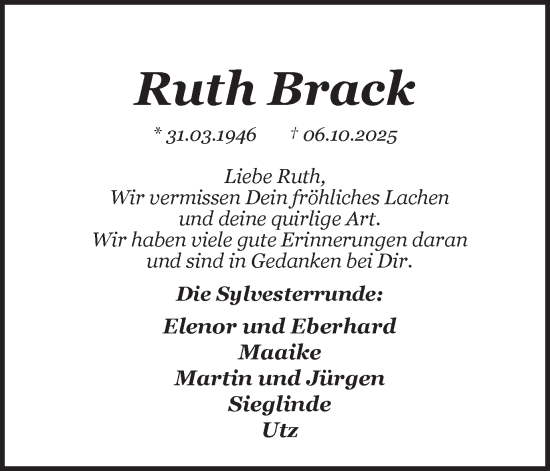 Traueranzeige von Ruth Brack von Ruhr Nachrichten und Halterner Zeitung