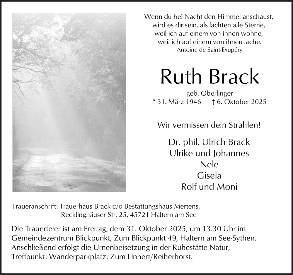  Traueranzeige für Ruth Brack vom 25.10.2025 aus Ruhr Nachrichten und Halterner Zeitung
