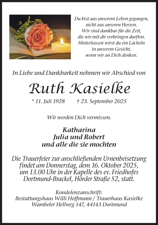 Traueranzeige von Ruth Kasielke von Ruhr Nachrichten