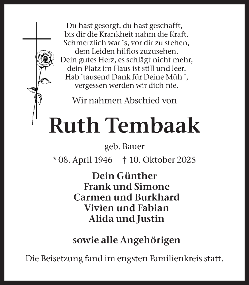  Traueranzeige für Ruth Tembaak vom 25.10.2025 aus Ruhr Nachrichten