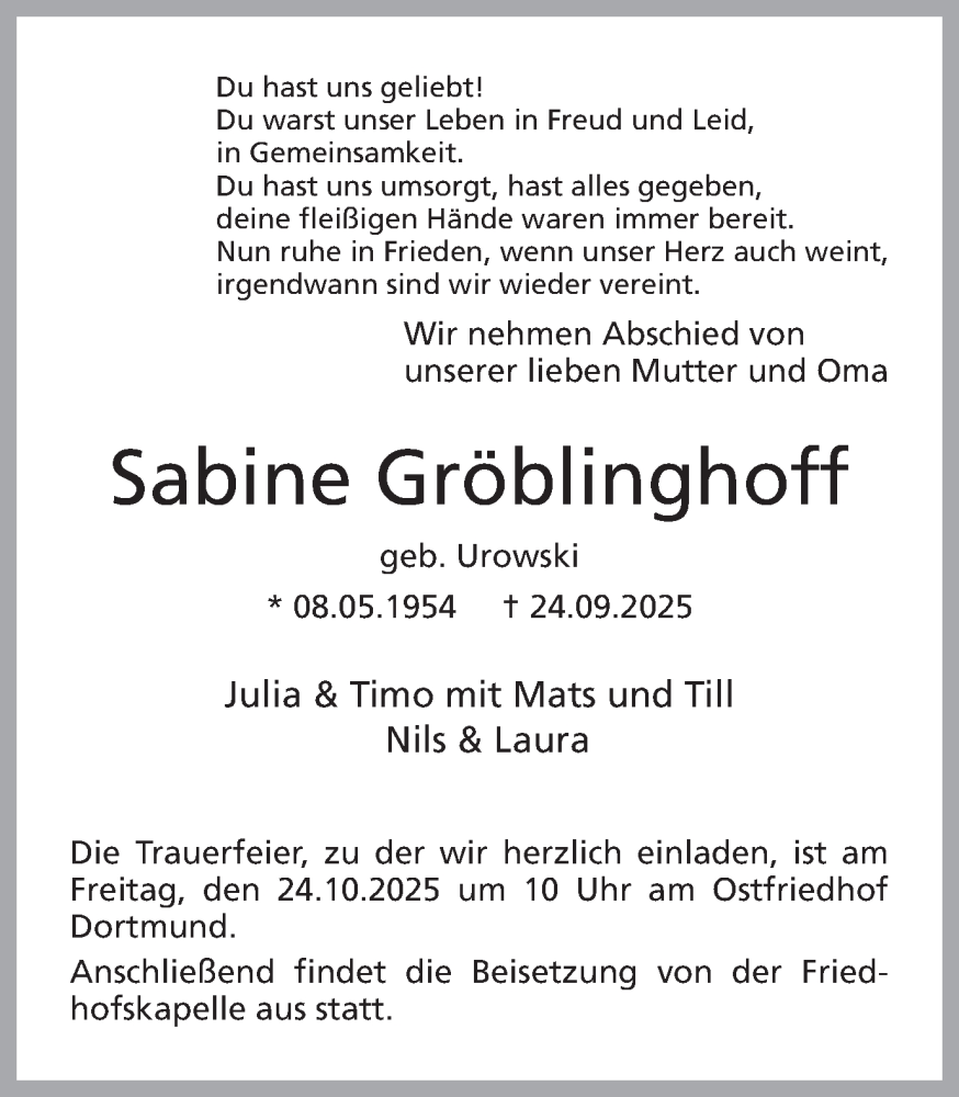  Traueranzeige für Sabine Gröblinghoff vom 18.10.2025 aus Ruhr Nachrichten