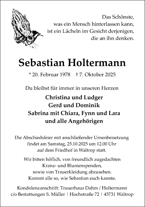 Traueranzeige von Sebastian Holtermann von Ruhr Nachrichten