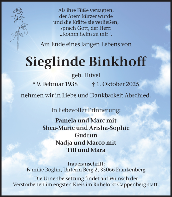 Traueranzeige von Sieglinde Binkhoff von Lüner Anzeiger