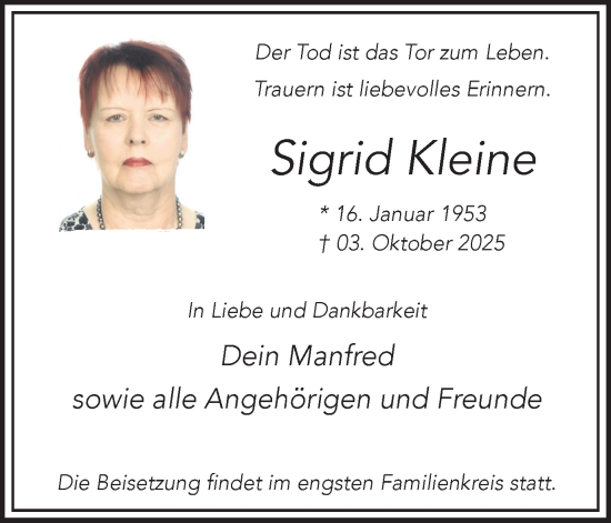 Traueranzeige von Sigrid Kleine von Trauer Vest