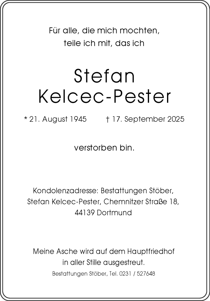  Traueranzeige für Stefan Kelcec-Pester vom 04.10.2025 aus Ruhr Nachrichten