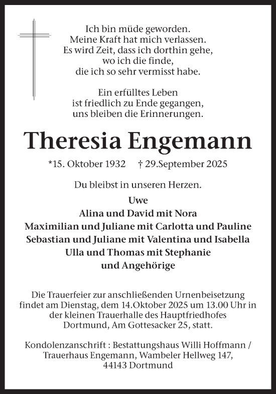Traueranzeige von Theresia Engemann von Ruhr Nachrichten