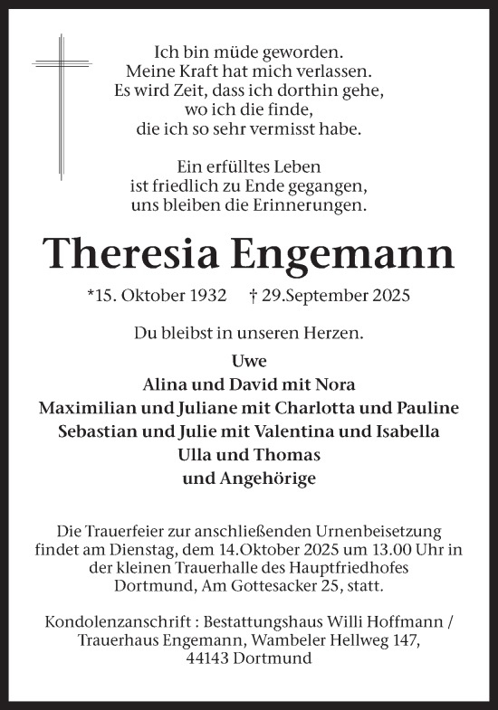 Traueranzeige von Theresia Engemann von Ruhr Nachrichten