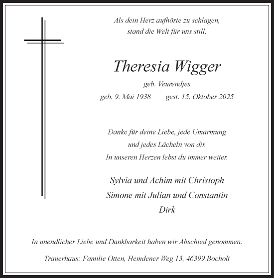 Traueranzeige von Theresia Wigger 
