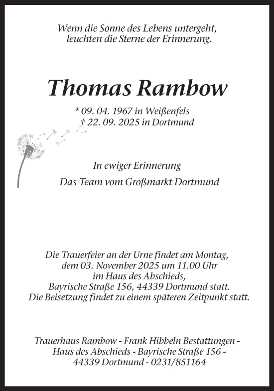 Traueranzeige von Thomas Rambow von Ruhr Nachrichten