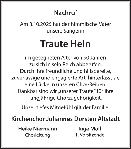 Traueranzeige von Traute Hein von Ruhr Nachrichten und Dorstener Zeitung